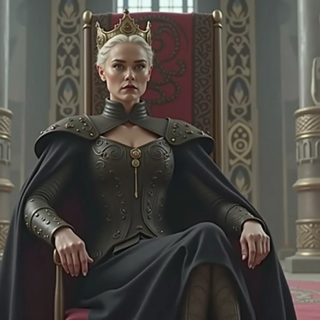 Change her dress, so there deeper cleavage. She should have small/medium breasts. The neckline should be bold but classy. The dress is regal. It should have a mesh overlay on the neckline.