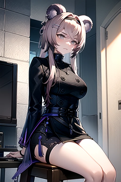  best quality, masterpiece,  high definition , 1 person, {Also_ Arknights:0.90},  1 girl, black_ dress, length_sleeve ,  is looking sideways, indoor, cowboy_shot, closure_mouth, ((Hands Tied behind)), ((Arms behind back)), wide_sleeve , black_ pantyhose , formal_Alternine_Costume, underground,  concrete floor that excretes poop, concrete wall, underground room, ((grimacing)), anger,  sitting on the chair, Thighs together, black tights, closure legs, underground室,