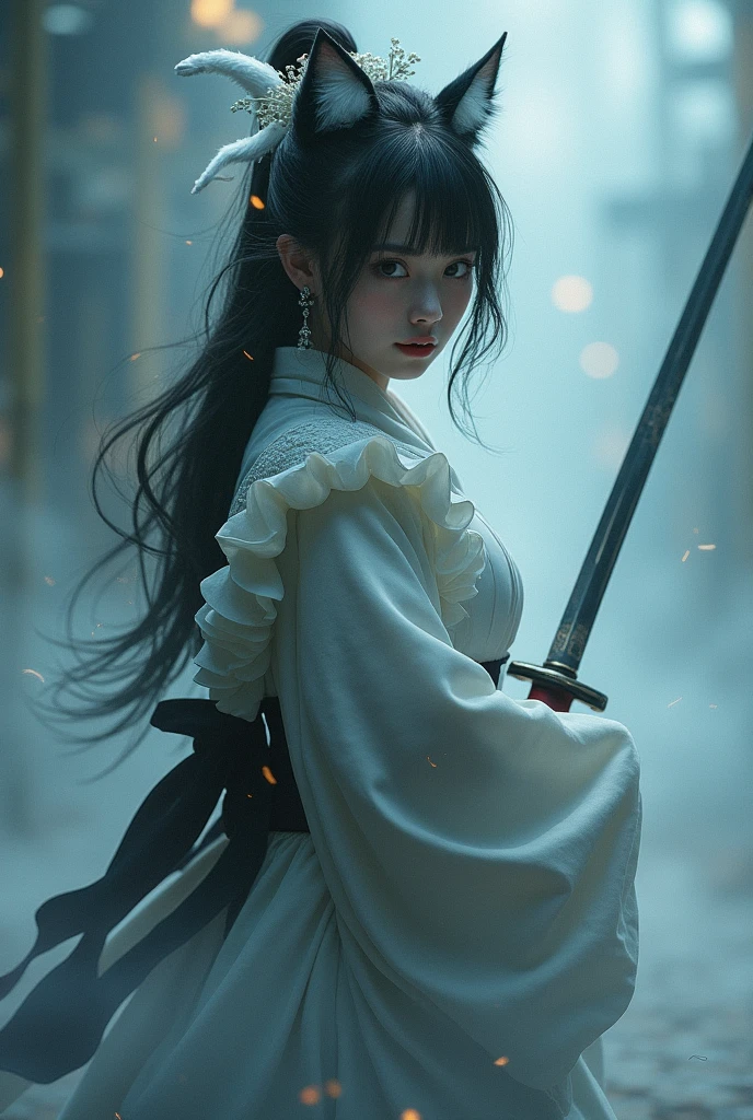 Asian girl samurai holding sword, in the style of faded color realism, full body shot, atmospheric impressionism, darkly romantic realism, pre-raphaelite realism, grainy, black and white photos, soft-focused realism --ar 36:61 --stylize 750 --v 6, water droplets falling on a beautiful woman's face, realistic detail, sharp focus, shiny eyes, tiny droplets, spray, tense concern, desire, poise calmness, mist, steam, texture, wavy top hair crown of head, entire top of head and hair to start of neck, shot with an 85mm Leica lens, f4. 6, ultra realistic concept photography, award winning portrait inspired by Ákos Major.
