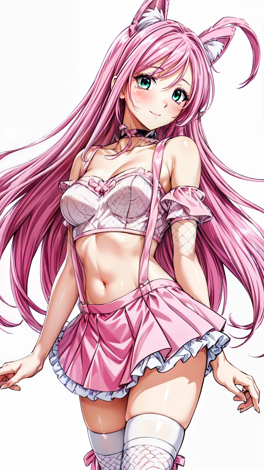 (masterpiece, best quality, beautiful and aesthetic:1.3),1woman, ((very mature woman)),(30 years old, thirties), solo, light smile, (pink hair streaked white:1.4), (Gradient pink hair ends:1.6), hair strand, absurdly long hair, single sidelock, wavy hair, shiny hair, floating hair, (deep green eyes), delicate eyes, aqua eyes, super high detailed eyes, long upper eyelashes, makeup, Focus on face, Very detailed facial, Pretty Face, Perfect breasts, hot body, (Delicate skin texture:1.2), extreme detailed, standing,light smile, BREAK (pink and white theme:1.4), (headdress with pink fake cat ears:1.4), (wear a pink suspenders over an off-shoulder short-sleeve white crop top:1.4), (pink heart(symbol) print on crop top:1.3), ((stomach, navel):1.2), (low-rise pink latex (A-line:1.2) tiered skirt with suspenders:1.3), (pink tiered mini skirt with pink suspenders:1.3), (pink wristband:1.3), (has a beautiful mesh fishnet tights:1.3), (countless small pink ribbon decorations:1.3), (white latex platform boots:1.2),