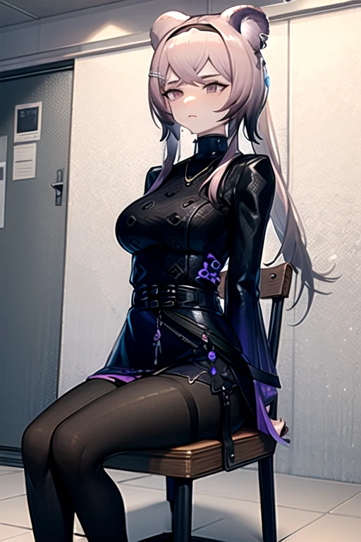  best quality, masterpiece,  high definition , 1 person, {Also_ Arknights:0.90},  1 girl, black_ dress, length_sleeve ,  is looking sideways, indoor, cowboy_shot, closure_mouth, ((Hands Tied behind)), ((Arms behind back)), wide_sleeve , black_ pantyhose , formal_Alternine_Costume, underground,  concrete floor that excretes poop, concrete wall, underground room, ((grimacing)), anger,  sitting on the chair, Thighs together, black tights, closure legs, underground室,