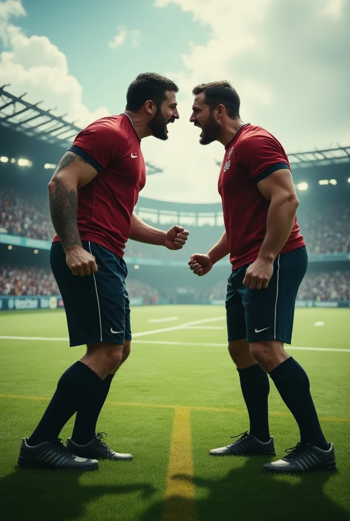 A muscular Iranian football player with hairy chest hair and beard, wearing no shirt, black shorts and red socks and black boots, shaking hands with a Brazilian soccer player, wearing no shirt, White shorts, in white socks and white boots, on the lawn of the large football stadium full of people.
