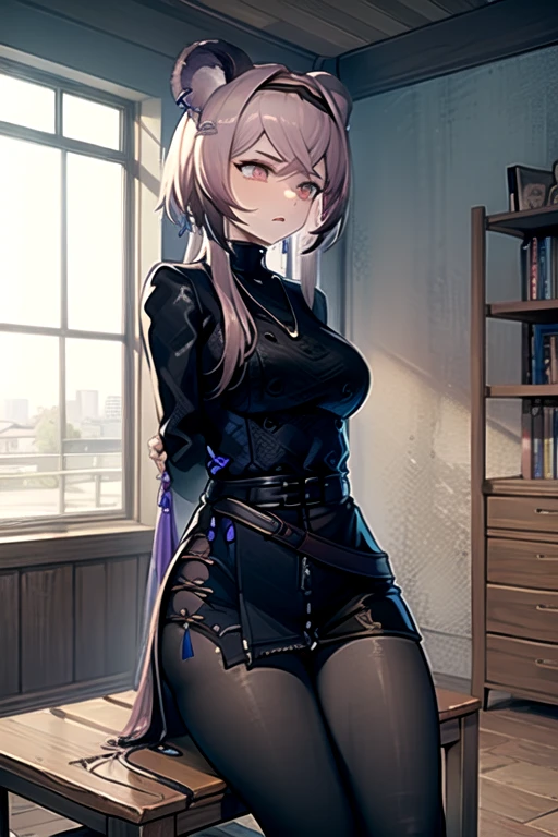  best quality, masterpiece,  high definition , 1 person, {Also_ Arknights:0.90},  1 girl, black_ dress, length_sleeve ,  is looking sideways, indoor, cowboy_shot, closure_mouth, ((Hands Tied behind)), ((Arms behind back)), wide_sleeve , black_ pantyhose , formal_Alternine_Costume, underground,  concrete floor that excretes poop, concrete wall, underground room, ((grimacing)), anger,  sitting on the chair, Thighs together, black tights, closure legs, underground室,