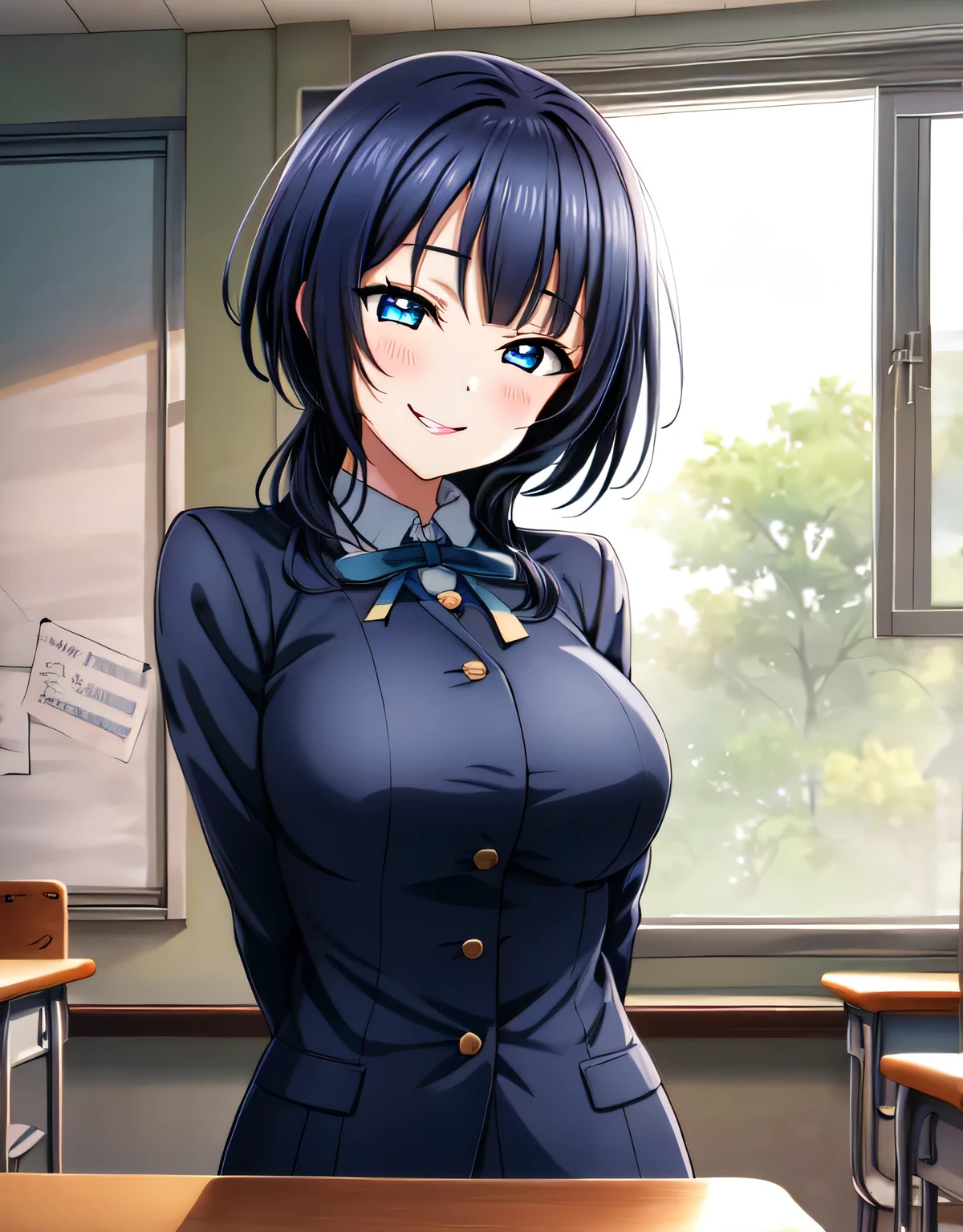 asaka karin,(large breasts:1.55),(shiny hair),((solo)),((masterpiece)),((best quality)),perfect anatomy,slim waist,perfect image,8k UHD,(beautiful detailed eyes:1.5),extremely detailed face,standing,(upper body:1.2),(look at the front:1.5),ultra-detailed,absurdres,ultra-highres,arms behind back,closed mouth,medium hair,blue eyes,blue hair,sidelocks,school uniform,nijigasaki academy school uniform,jacket,neck ribbon,classroom,sensitive smile,evil smile,blush,lips,seductive,alluring,