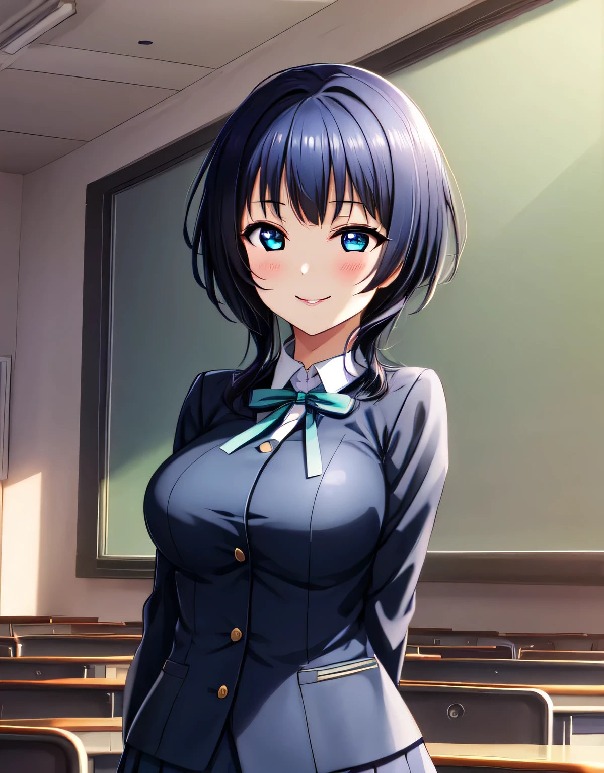 asaka karin,(large breasts:1.55),(shiny hair),((solo)),((masterpiece)),((best quality)),perfect anatomy,slim waist,perfect image,8k UHD,(beautiful detailed eyes:1.5),extremely detailed face,standing,(upper body:1.2),(look at the front:1.5),ultra-detailed,absurdres,ultra-highres,arms behind back,closed mouth,medium hair,blue eyes,blue hair,sidelocks,school uniform,nijigasaki academy school uniform,jacket,neck ribbon,classroom,sensitive smile,evil smile,blush,lips,seductive,alluring,