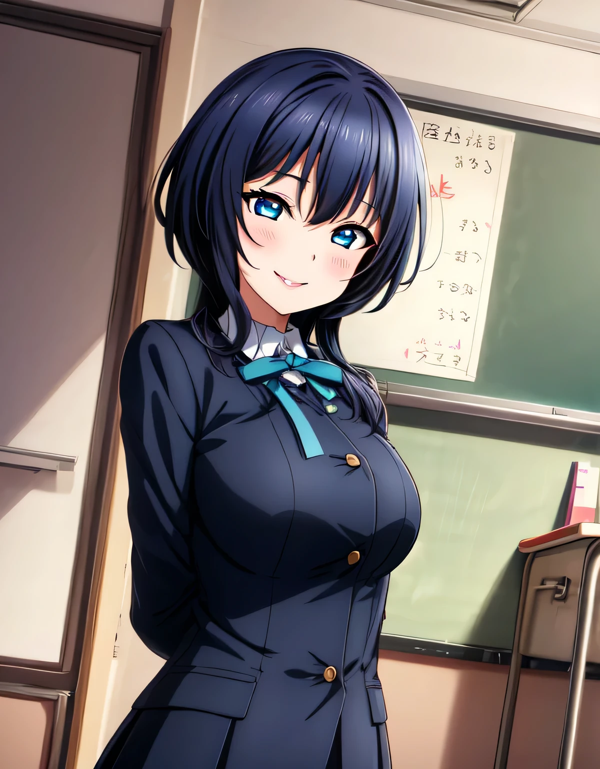 asaka karin,(large breasts:1.55),(shiny hair),((solo)),((masterpiece)),((best quality)),perfect anatomy,slim waist,perfect image,8k UHD,(beautiful detailed eyes:1.5),extremely detailed face,standing,(upper body:1.2),(look at the front:1.5),ultra-detailed,absurdres,ultra-highres,arms behind back,closed mouth,medium hair,blue eyes,blue hair,sidelocks,school uniform,nijigasaki academy school uniform,jacket,neck ribbon,classroom,sensitive smile,evil smile,blush,lips,seductive,alluring,