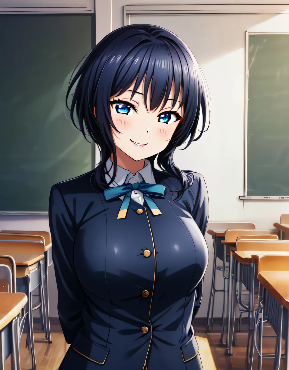 asaka karin,(large breasts:1.55),(shiny hair),((solo)),((masterpiece)),((best quality)),perfect anatomy,slim waist,perfect image,8k UHD,(beautiful detailed eyes:1.5),extremely detailed face,standing,(upper body:1.2),(look at the front:1.5),ultra-detailed,absurdres,ultra-highres,arms behind back,closed mouth,medium hair,blue eyes,blue hair,sidelocks,school uniform,nijigasaki academy school uniform,jacket,neck ribbon,classroom,sensitive smile,evil smile,blush,lips,seductive,alluring,