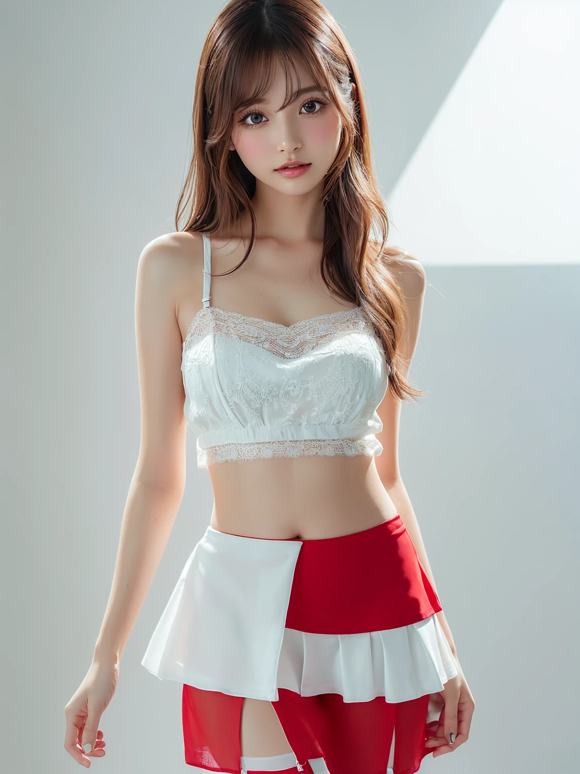  (masterpiece:1.3), (Highest quality:1.3),indoor,Bookshelf,window,alone,One girl, I have traveled_stout, Upper Body, Are standing,brown hair, brown eyes, alone, hairclip, Earrings, jewelry, short_hair, white_hat, Have, hair_ornament, brown_gloves, necklace, short_shorts, x hair ornament, red shorts, Braiding,
