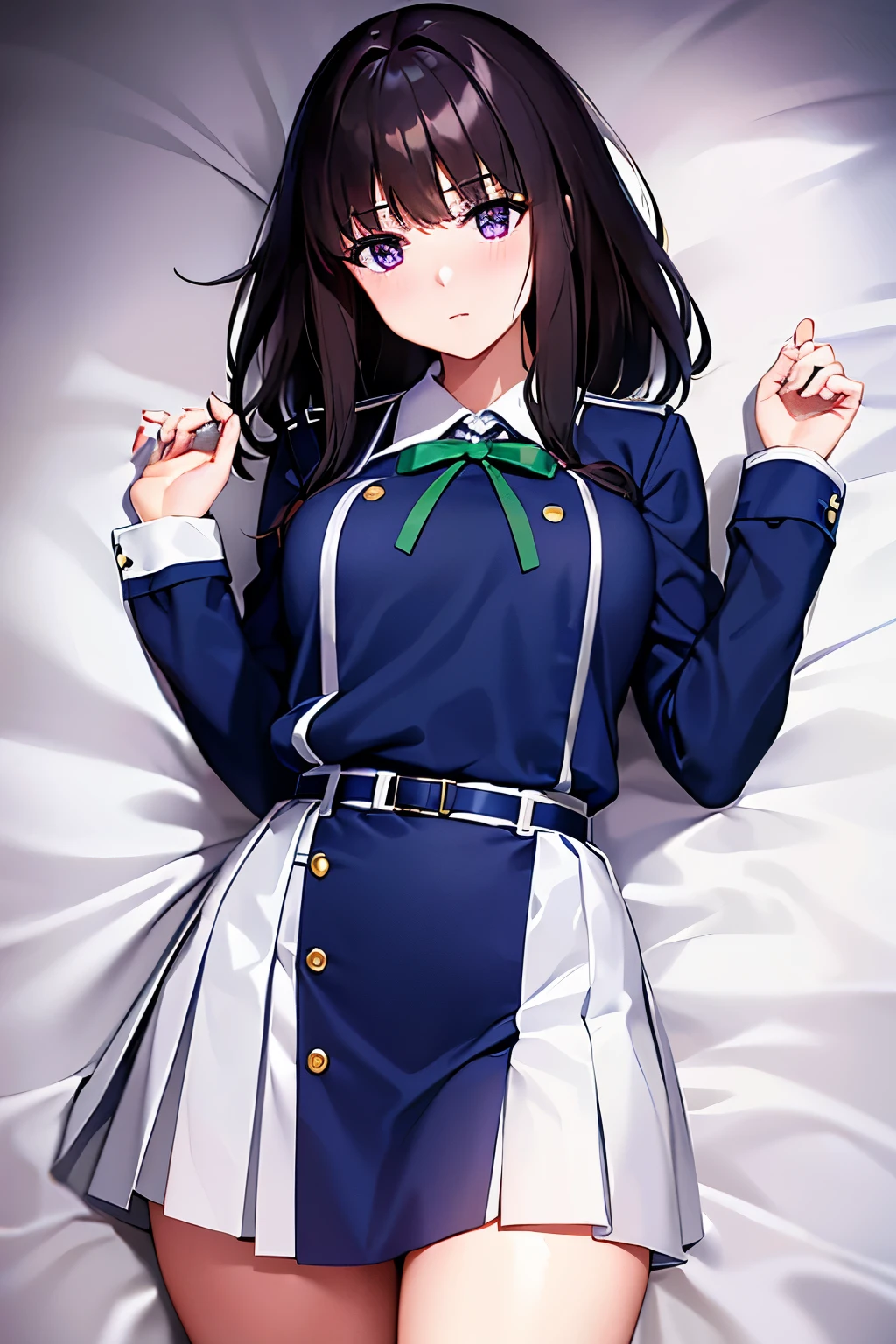 Inoue Takina 、inoue takina、 Medium Hair 、bangs, black hair, ( purple eyes:1.2), break shirt, Long Sleeve , dress, ribbon, school uniform, white shirt, colored shirt , belt, neck ribbon, blue dress, green ribbon, pleated dress, grey dress, two-tone skirt, blue belt, lettuce ris uniform , Blushing 、 lying on the bed 、Lying on your back、bedroom 、looking at viewer, ( COWBOY SHOOTING :1.5), break (masterpiece:1.2), best quality, high definition , Unity 8K Wallpaper, (Illustration:0.8), ( beautiful detailed eyes :1.6), extremely detailed faces, perfect lighting, extremely detailed CG,
