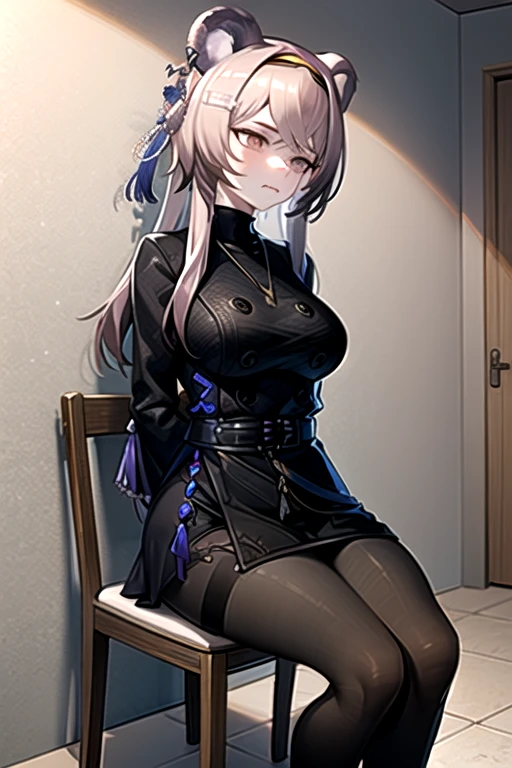  best quality, masterpiece,  high definition , 1 person, {Also_ Arknights:0.90},  1 girl, black_ dress, length_sleeve ,  is looking sideways, indoor, cowboy_shot, closure_mouth, ((Hands Tied behind)), ((Arms behind back)), wide_sleeve , black_ pantyhose , formal_Alternine_Costume, underground,  concrete floor that excretes poop, concrete wall, underground room, ((grimacing)), anger,  sitting on the chair, Thighs together, black tights, closure legs, underground室,