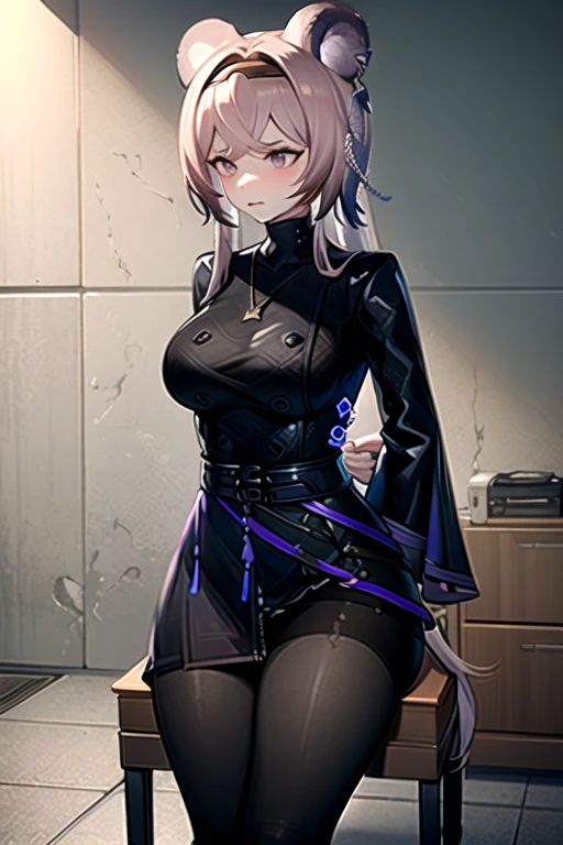  best quality, masterpiece,  high definition , 1 person, {Also_ Arknights:0.90},  1 girl, black_ dress, length_sleeve ,  is looking sideways, indoor, cowboy_shot, closure_mouth, ((Hands Tied behind)), ((Arms behind back)), wide_sleeve , black_ pantyhose , formal_Alternine_Costume, underground,  concrete floor that excretes poop, concrete wall, underground room, ((grimacing)), anger,  sitting on the chair, Thighs together, black tights, closure legs, underground室,