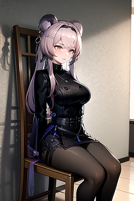  best quality, masterpiece,  high definition , 1 person, {Also_ Arknights:0.90},  1 girl, black_ dress, length_sleeve ,  is looking sideways, indoor, cowboy_shot, closure_mouth, ((Hands Tied behind)), ((Arms behind back)), wide_sleeve , black_ pantyhose , formal_Alternine_Costume, underground,  concrete floor that excretes poop, concrete wall, underground room, ((grimacing)), anger,  sitting on the chair, Thighs together, black tights, closure legs, underground室,