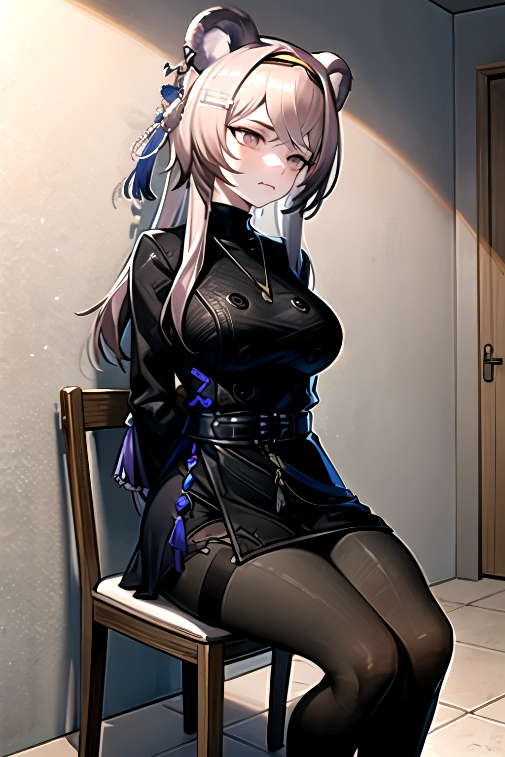  best quality, masterpiece,  high definition , 1 person, {Also_ Arknights:0.90},  1 girl, black_ dress, length_sleeve ,  is looking sideways, indoor, cowboy_shot, closure_mouth, ((Hands Tied behind)), ((Arms behind back)), wide_sleeve , black_ pantyhose , formal_Alternine_Costume, underground,  concrete floor that excretes poop, concrete wall, underground room, ((grimacing)), anger,  sitting on the chair, Thighs together, black tights, closure legs, underground室,