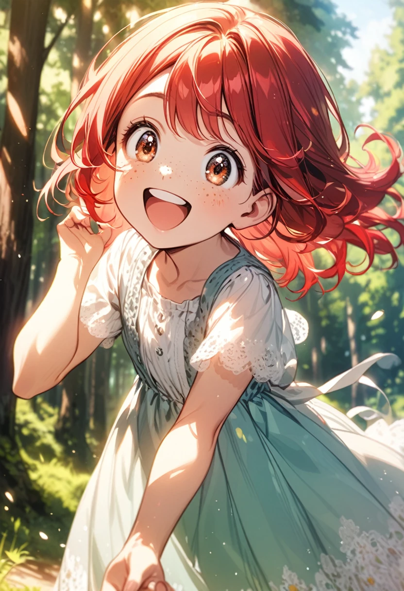 young girl(Red hair, freckles, big eyes,), dress, happy, sunny, outdoors, forest