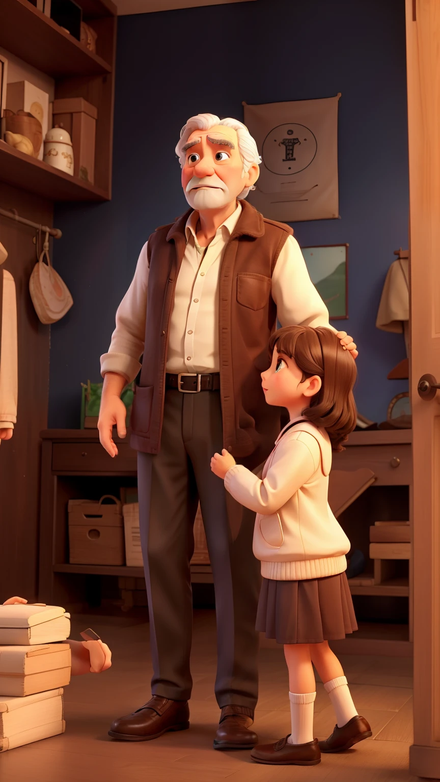 (((chibi 3d))),80 years old man,👴🏻, Cutter shirt,Looped necklace,slacks,Business Shoes,High jump,Top bald💇