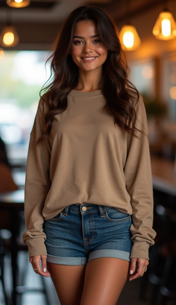 Audrina Patridge wearing a beige sweatshirt and thong and smiling