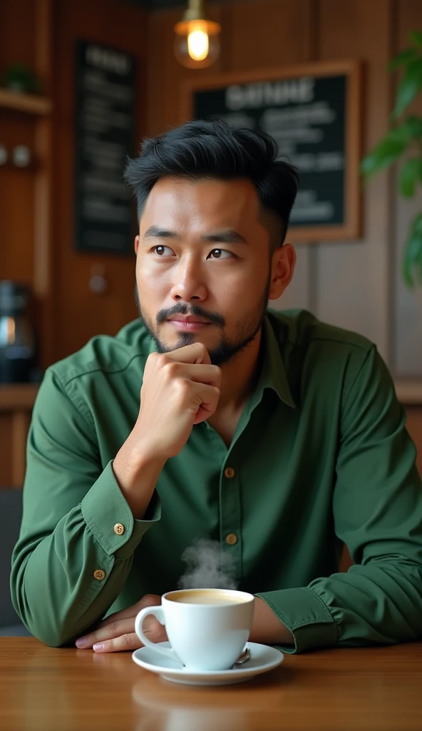 (photorealism:1.2), muslim man , malaysian malaysian , black , green muslim shirt , sitting holding chin , in front of him a glass of hot coffee on the table , set of coffee shop background board wall, image in cinematic zoom