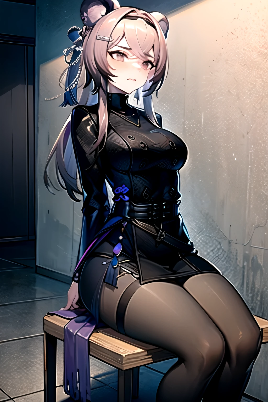  best quality, masterpiece,  high definition , 1 person, {Also_ Arknights:0.90},  1 girl, black_ dress, length_sleeve ,  is looking sideways, indoor, cowboy_shot, closure_mouth, ((Hands Tied behind)), ((Arms behind back)), wide_sleeve , black_ pantyhose , formal_Alternine_Costume, underground,  concrete floor that excretes poop, concrete wall, underground room, ((grimacing)), anger,  sitting on the chair, Thighs together, black tights, closure legs, underground室,