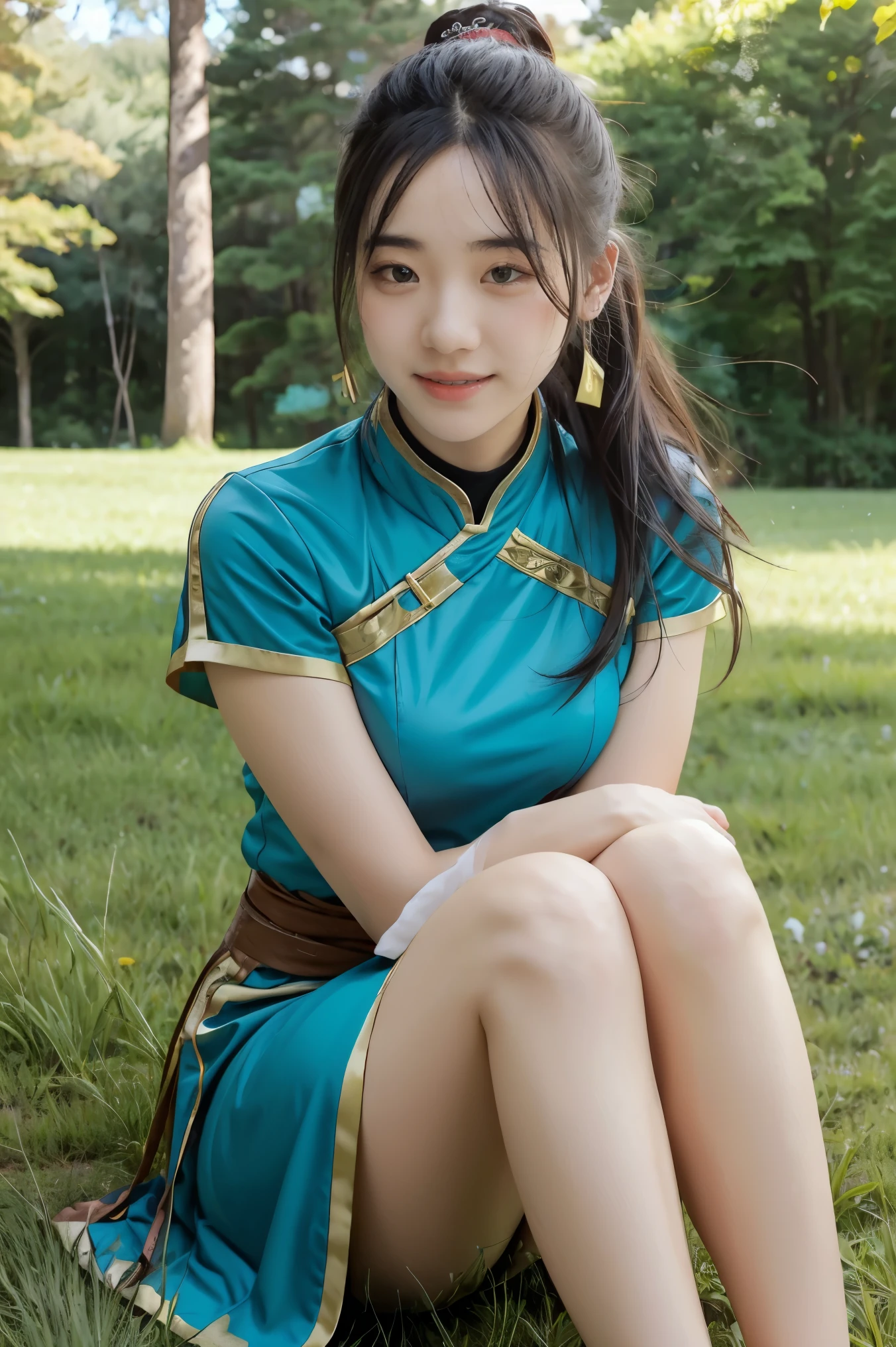 (masterpiece, best quality), intricate details,
1girl, lyn_(fire_emblem), 1girl, solo, green hair, long hair, green eyes, high ponytail, blue dress, large breast, jewelry, fingerless gloves. hair ornament, lyn_(fire_emblem),
sitting down with arms around knees, grass, meadow, picnic, tree, lunch, food on plates, sunny, happy,