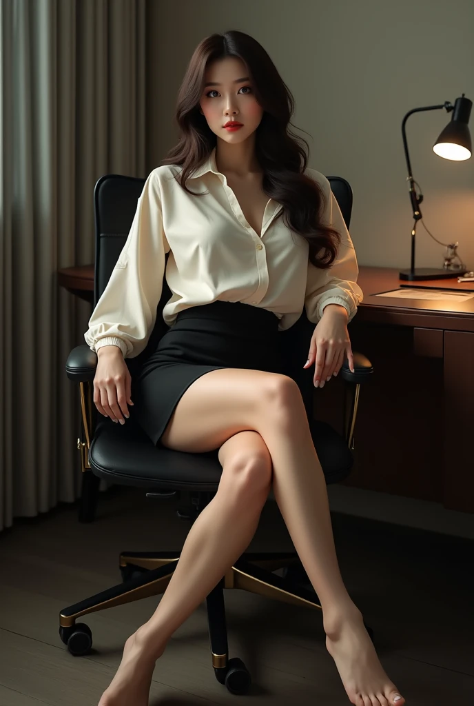 ((masterpiece, best quality, Highest image quality, Ultra-high resolution, Reality, original photo, 8k)), This painting depicts a woman working in an office,There is a full moon outside,Rows of desks in the office,Many desktop,The desk is filled with design books,Scattered pens,Coffee cup,Leftover takeaway,Snack Bags,The floor is full of draft papers,Paper,Girl sitting on leather office chair,Scattered long hair,Tired expression,Wearing a white shirt,Short leather skirt,Ankle boots,View from the side,Detailed Details,panoramic