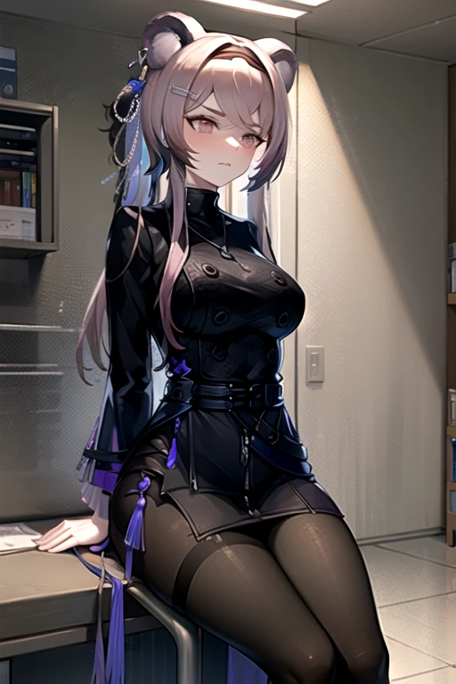  best quality, masterpiece,  high definition , 1 person, {Also_ Arknights:0.90},  1 girl, black_ dress, length_sleeve ,  is looking sideways, indoor, cowboy_shot, closure_mouth, ((Hands Tied behind)), ((Arms behind back)), wide_sleeve , black_ pantyhose , formal_Alternine_Costume, underground,  concrete floor that excretes poop, concrete wall, underground room, ((grimacing)), anger,  sitting on the chair, Thighs together, black tights, closure legs, underground室,