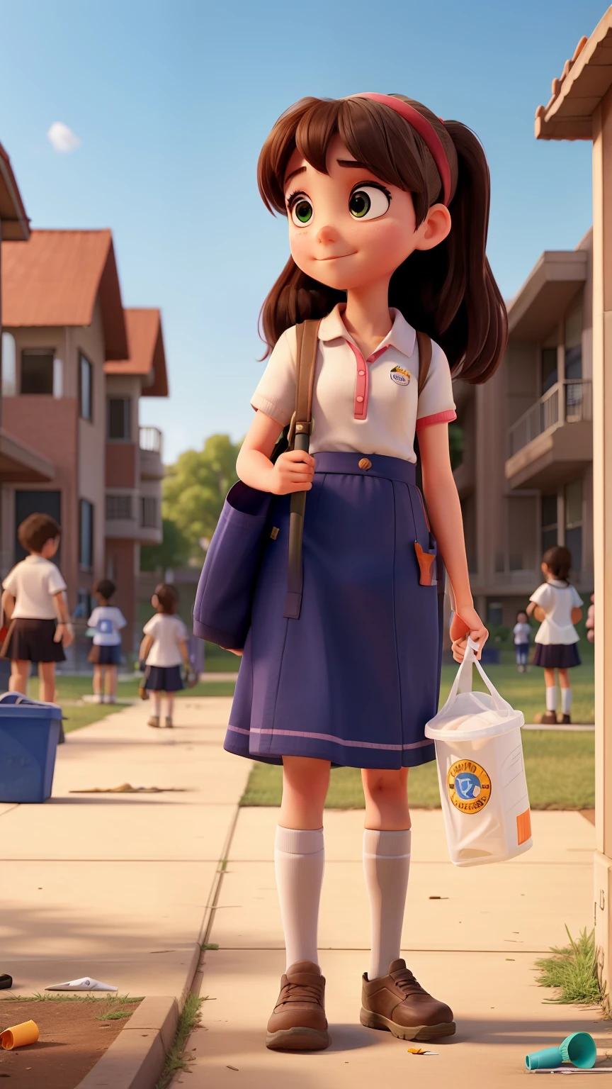 Girl with medium short hair who goes to school with her cat who is in her backpack we see her head protruding