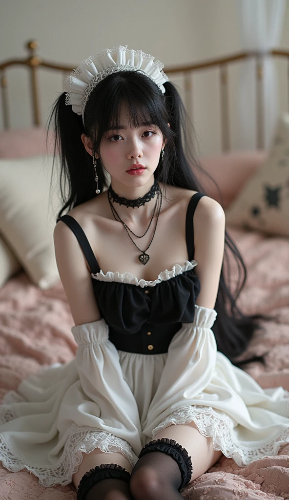Special clothes39,maid, film portrait photography, 1girl, Wavy shoulder-length hair, peacful, serenidade, (Realistic detailed eyes, Natural skin texture, Realistic facial details), Soft dramatic lighting, depth of fields, bokeh, vibrant detail, finedetail, hyper realisitc, 35mm film, Hazy and blurry