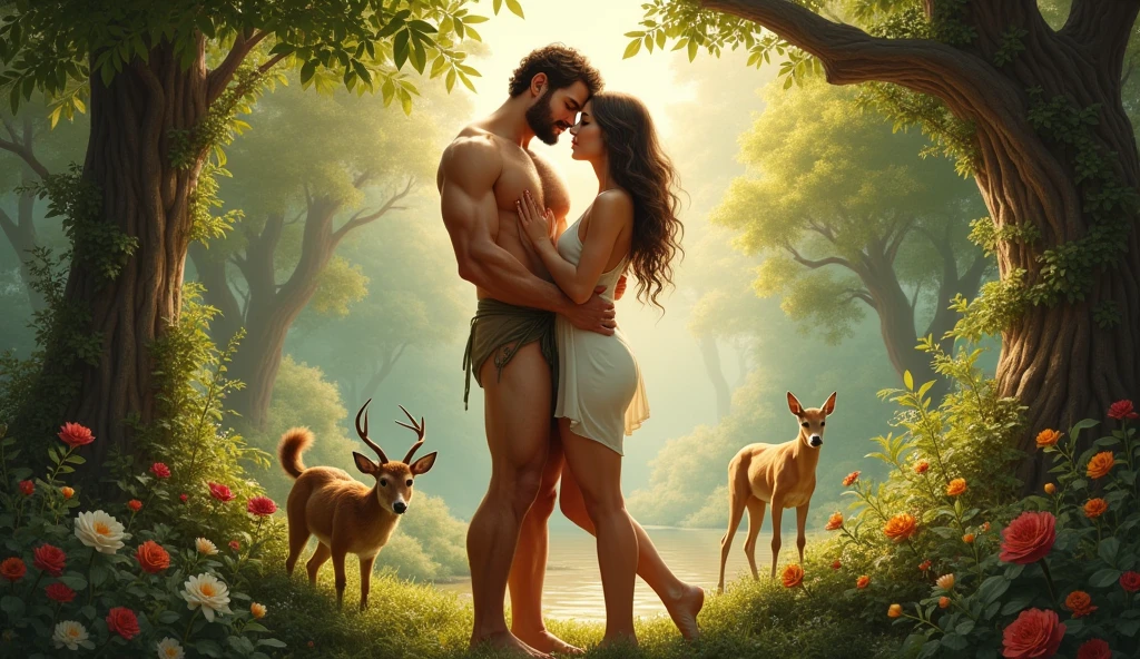 high quality, 8K Ultra HD, mal and giral pussy sex in jungle with animals lion , elephant and plants