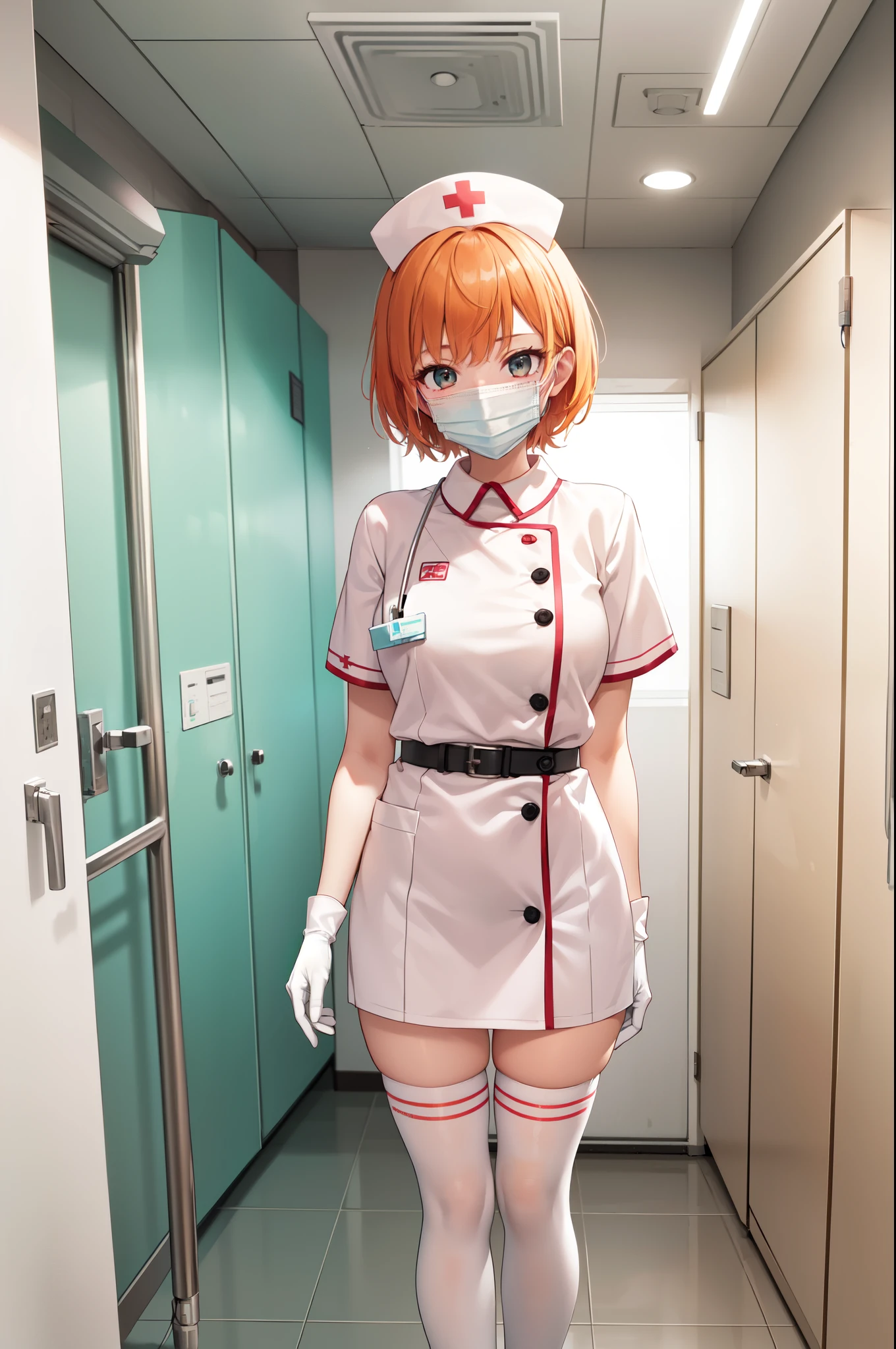 1girl, solo, nurse, nurse cap, white nurse uniform, ((white legwear, zettai ryouiki)), white gloves, very short hair, orange hair, smile, open mouth, standing, ((hospital room)), sharp outline, short sleeves, tomboy, boyish, best quality, masterpiece