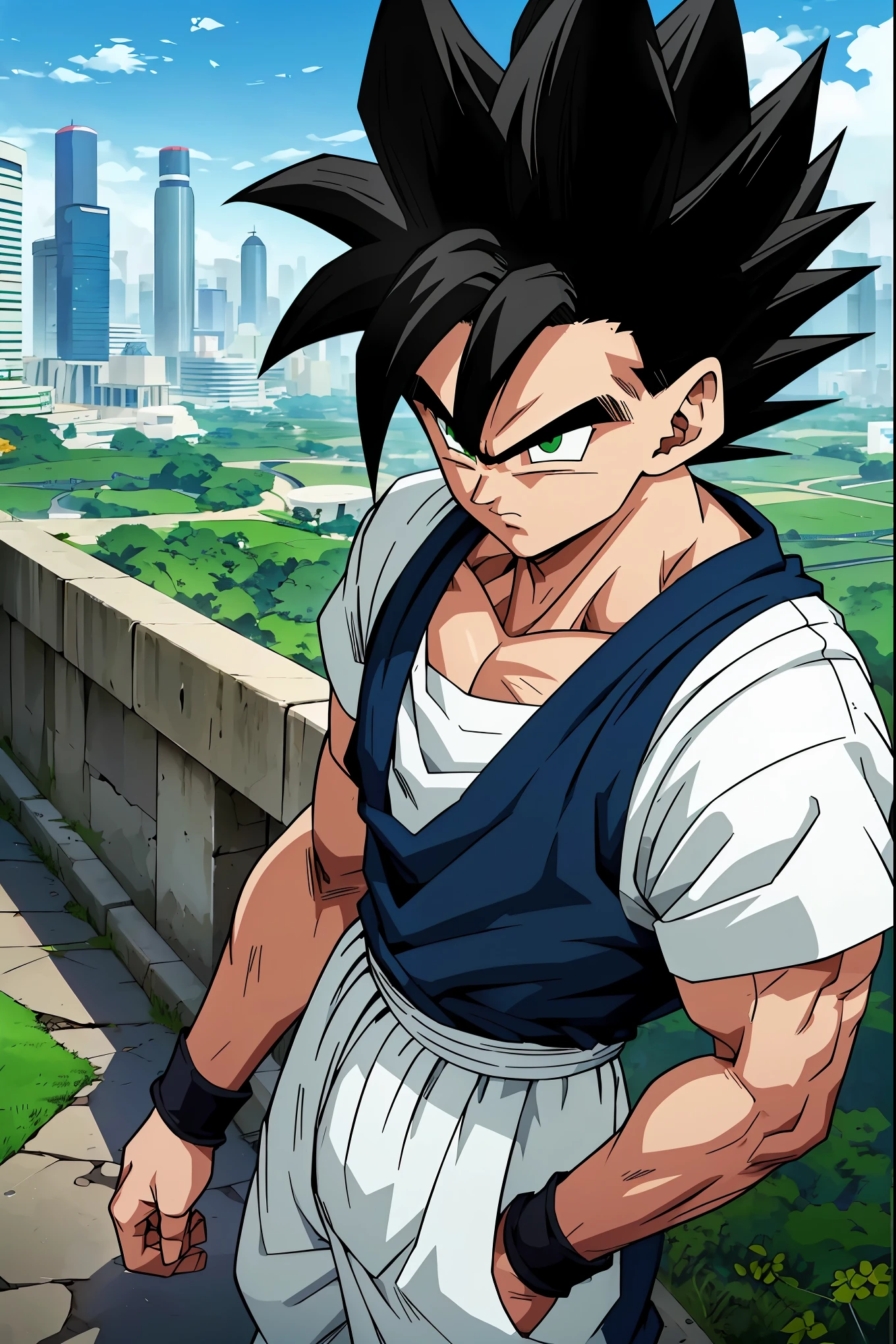 ((arte estilo anime)), , He is a 16 old teenager, very white skin, He has slightly disheveled black hair , light green eyes, , muscular body , anime art style Dragon Ball , sexy face, dressed in a Saiyan outfit, with tight pants , , 8k, high quality, masterpiece, in the middle of the city , shining green eyes