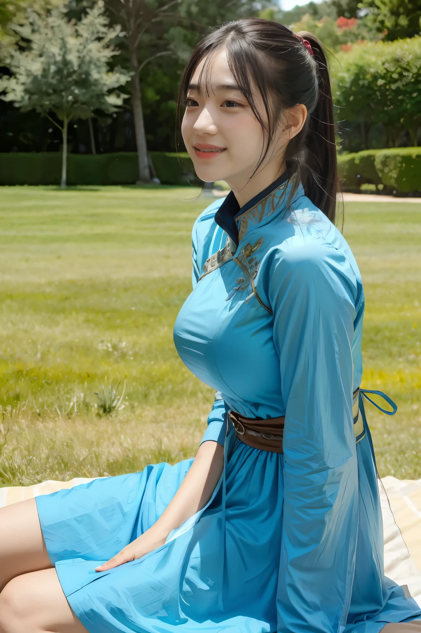 (masterpiece, best quality), intricate details,
1girl, lyn_(fire_emblem), 1girl, solo, green hair, long hair, green eyes, high ponytail, blue dress, large breast, jewelry, fingerless gloves. hair ornament, lyn_(fire_emblem),
sitting down with arms around knees, grass, meadow, picnic, tree, lunch, food on plates, sunny, happy,
