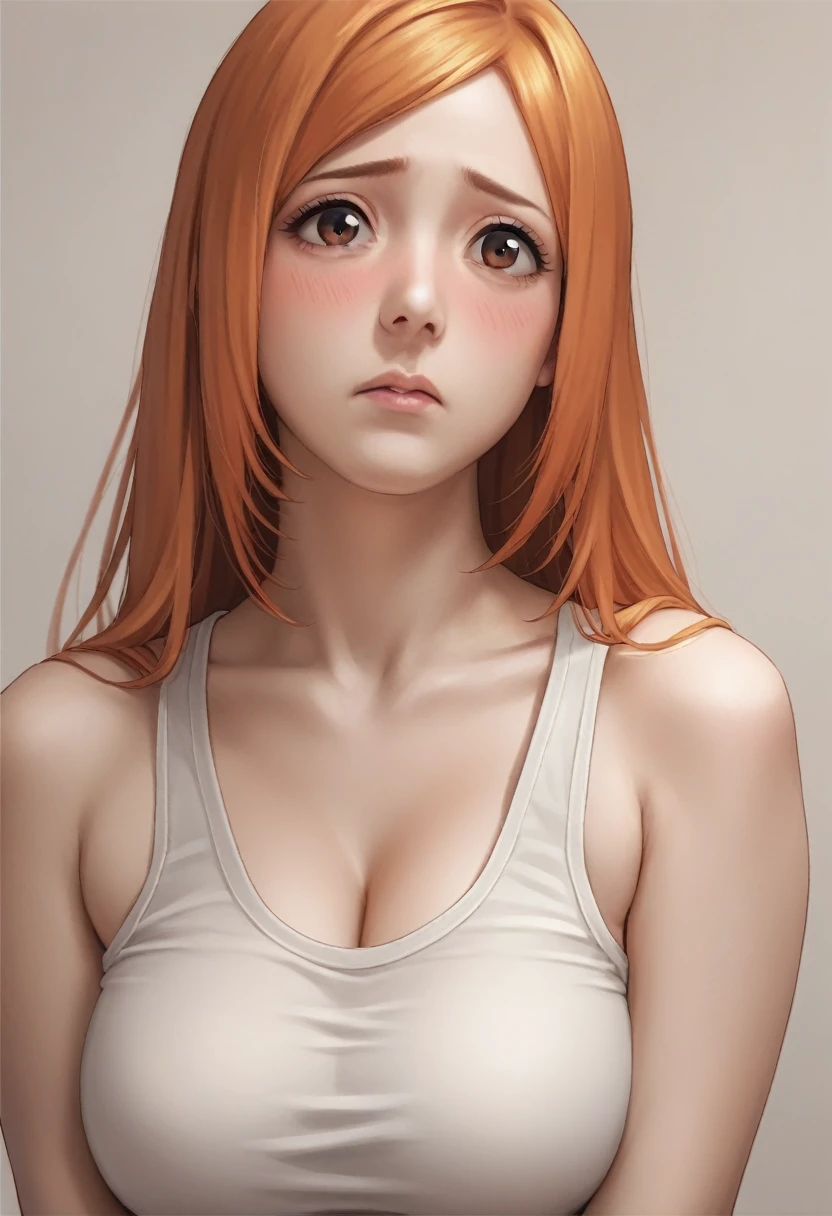 score_8_up,score_7_up,source_anime,realistic,inoue orihime, long hair, orange hair, brown eyes,busty,tank top,blush,shy