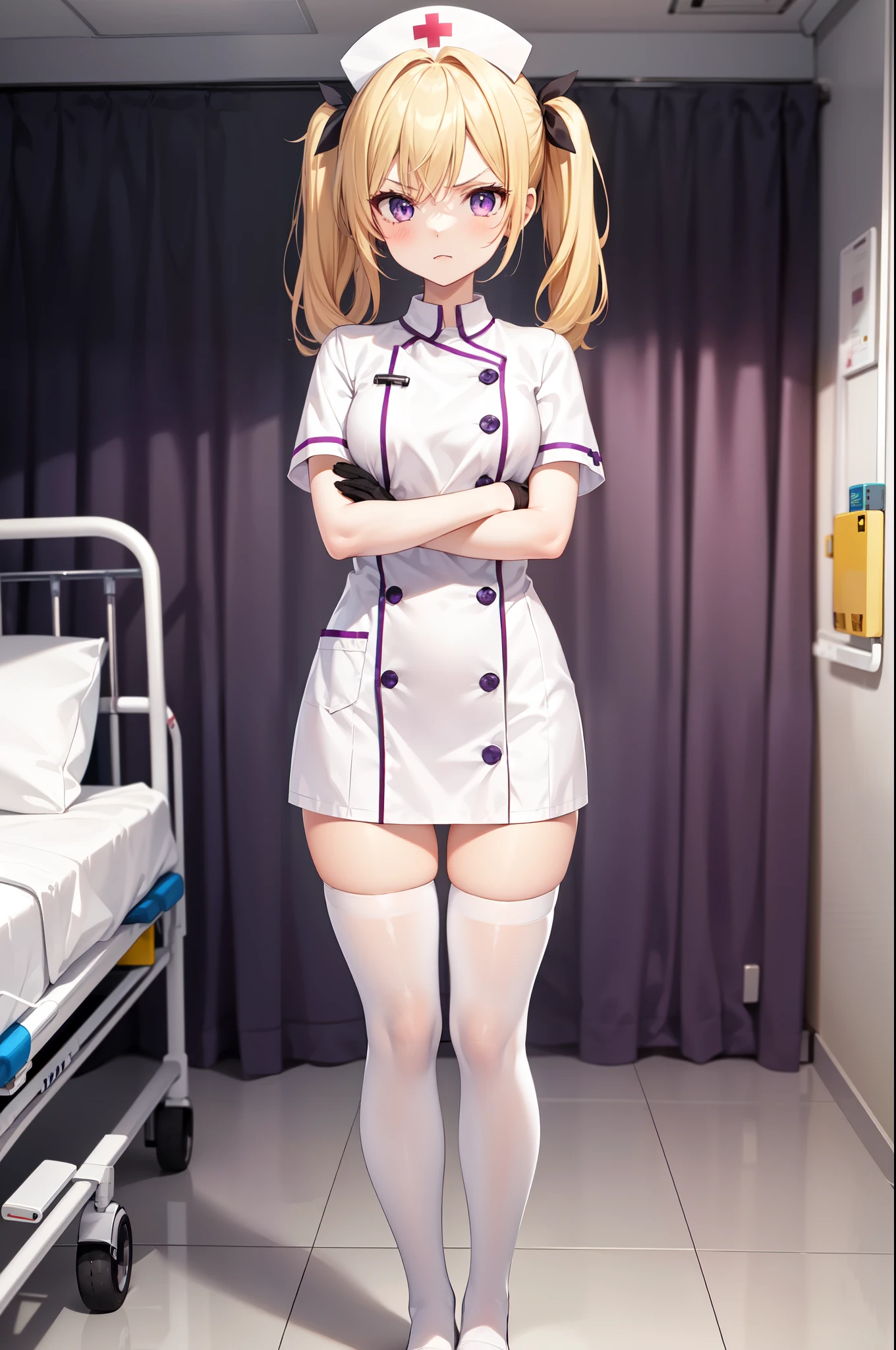 1girl, solo, nurse, nurse cap, white nurse uniform, ((white legwear, zettai ryouiki)), white gloves, twintails, yellow hair, purple eyes, angry, crossed arms, standing, ((hospital room)), sharp outline, short sleeves, best quality, masterpiece