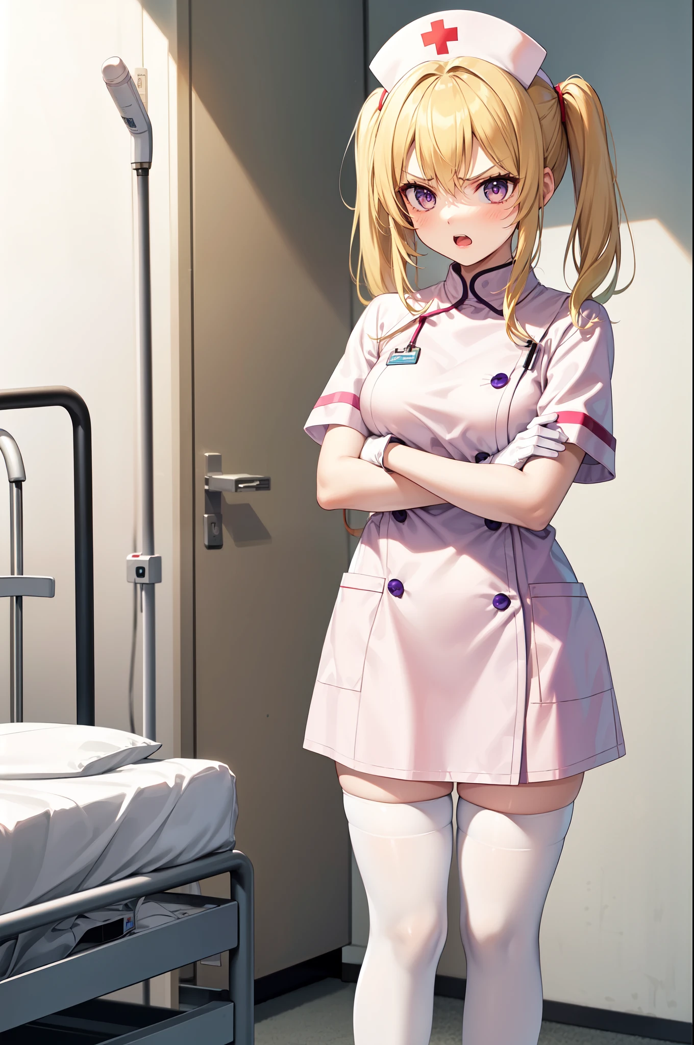 1girl, solo, nurse, nurse cap, white nurse uniform, ((white legwear, zettai ryouiki)), white gloves, twintails, yellow hair, purple eyes, angry, crossed arms, standing, ((hospital room)), sharp outline, short sleeves, best quality, masterpiece