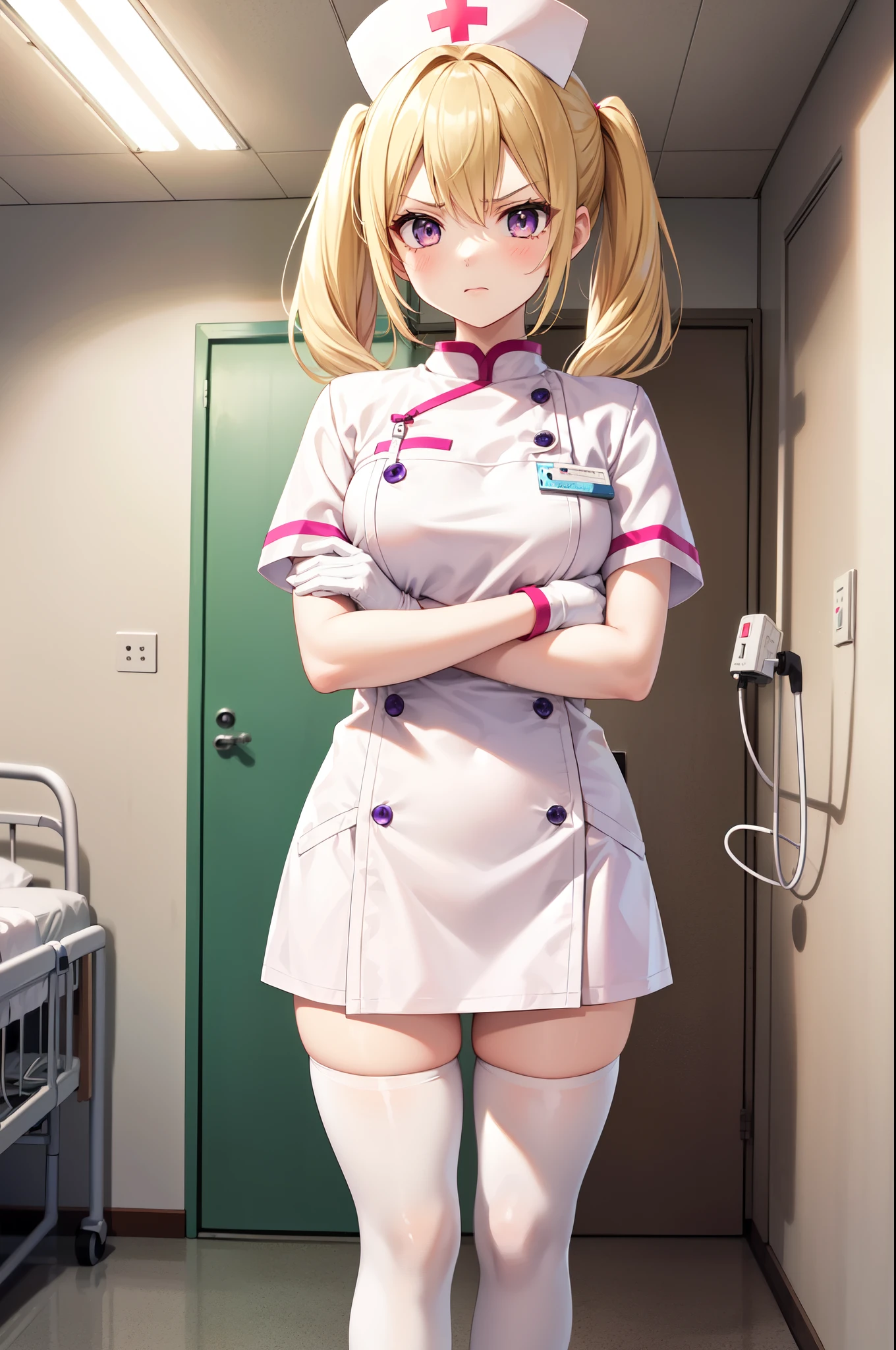 1girl, solo, nurse, nurse cap, white nurse uniform, ((white legwear, zettai ryouiki)), white gloves, twintails, yellow hair, purple eyes, angry, crossed arms, standing, ((hospital room)), sharp outline, short sleeves, best quality, masterpiece