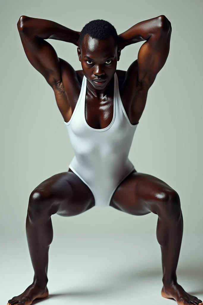 elegant and artistic nude girl in a pose resembling a sculpture, dark-skinned, early 30s, holding one foot while balancing on the other, tropical leaf placed across his back, deep blue background, minimalistic composition, fine art photography, chiaroscuro lighting, smooth skin texture, inspired by herb ritts