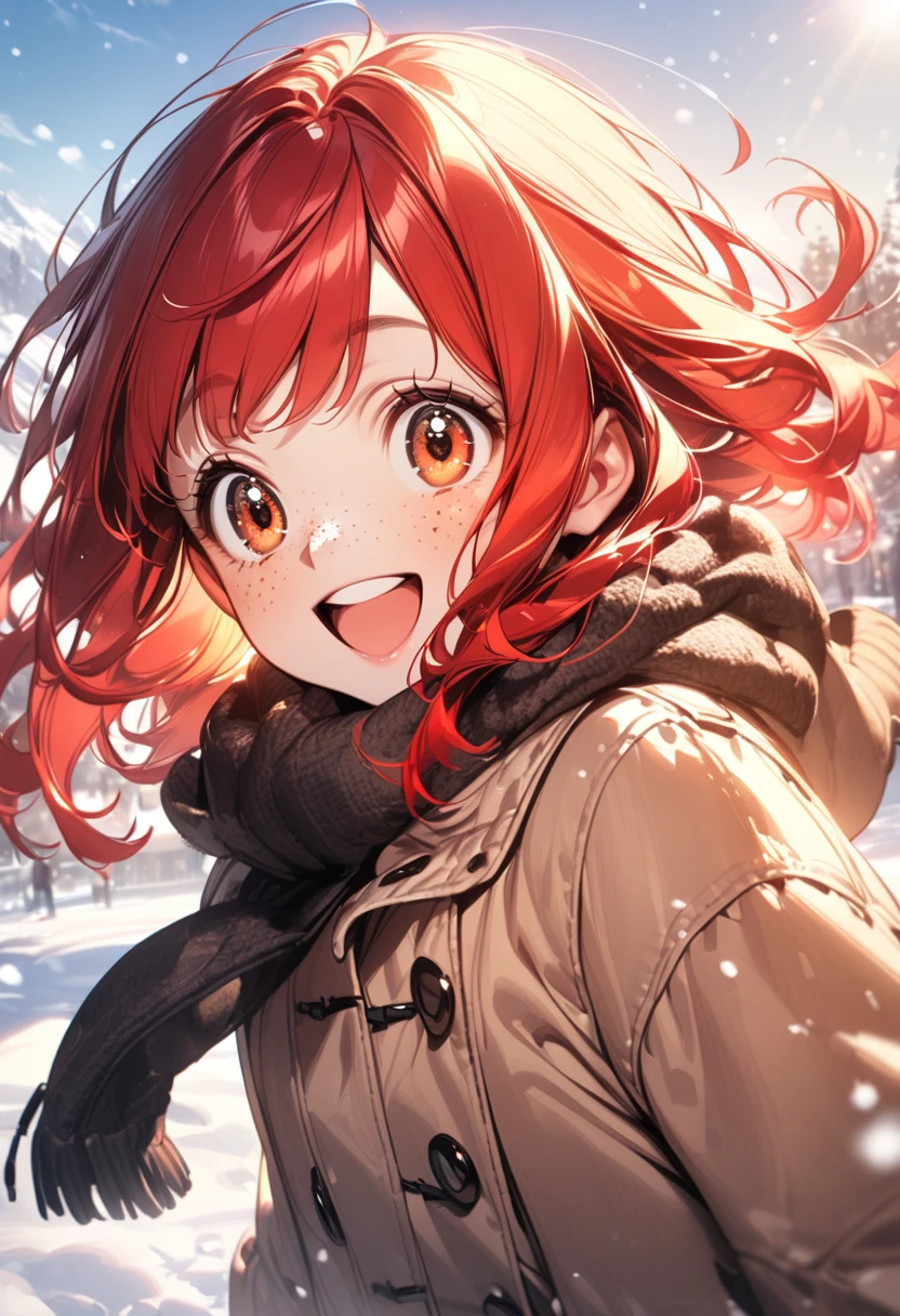 young girl(Red hair, freckles, big eyes,), coat, happy, sunny, outdoors, winter., snow