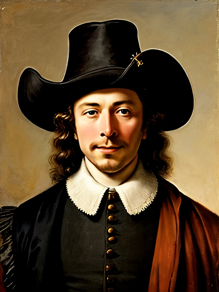 painting of a man in a hat and a red vest, portrait of cyrano de bergerac, elon musk as a musketeer, in style of rembrandt, court jester in renaissance era, frans hals style, in tricorn hat, a portrait of the character, pirate portrait, rembrandt style, style of rembrandt, inspired by Bartholomeus van der Helst