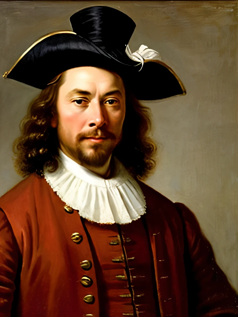 painting of a man in a hat and a red vest, portrait of cyrano de bergerac, elon musk as a musketeer, in style of rembrandt, court jester in renaissance era, frans hals style, in tricorn hat, a portrait of the character, pirate portrait, rembrandt style, style of rembrandt, inspired by Bartholomeus van der Helst