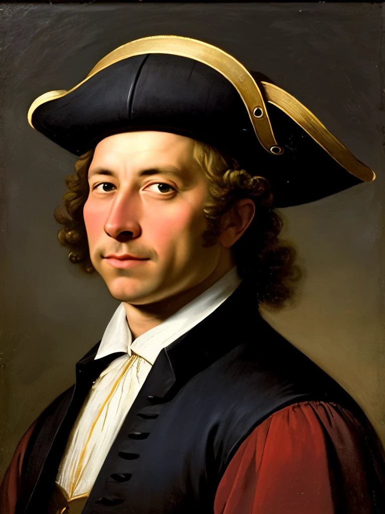 painting of a man in a hat and a red vest, portrait of cyrano de bergerac, elon musk as a musketeer, in style of rembrandt, court jester in renaissance era, frans hals style, in tricorn hat, a portrait of the character, pirate portrait, rembrandt style, style of rembrandt, inspired by Bartholomeus van der Helst