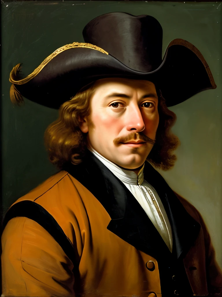 painting of a man in a hat and a red vest, portrait of cyrano de bergerac, elon musk as a musketeer, in style of rembrandt, court jester in renaissance era, frans hals style, in tricorn hat, a portrait of the character, pirate portrait, rembrandt style, style of rembrandt, inspired by Bartholomeus van der Helst