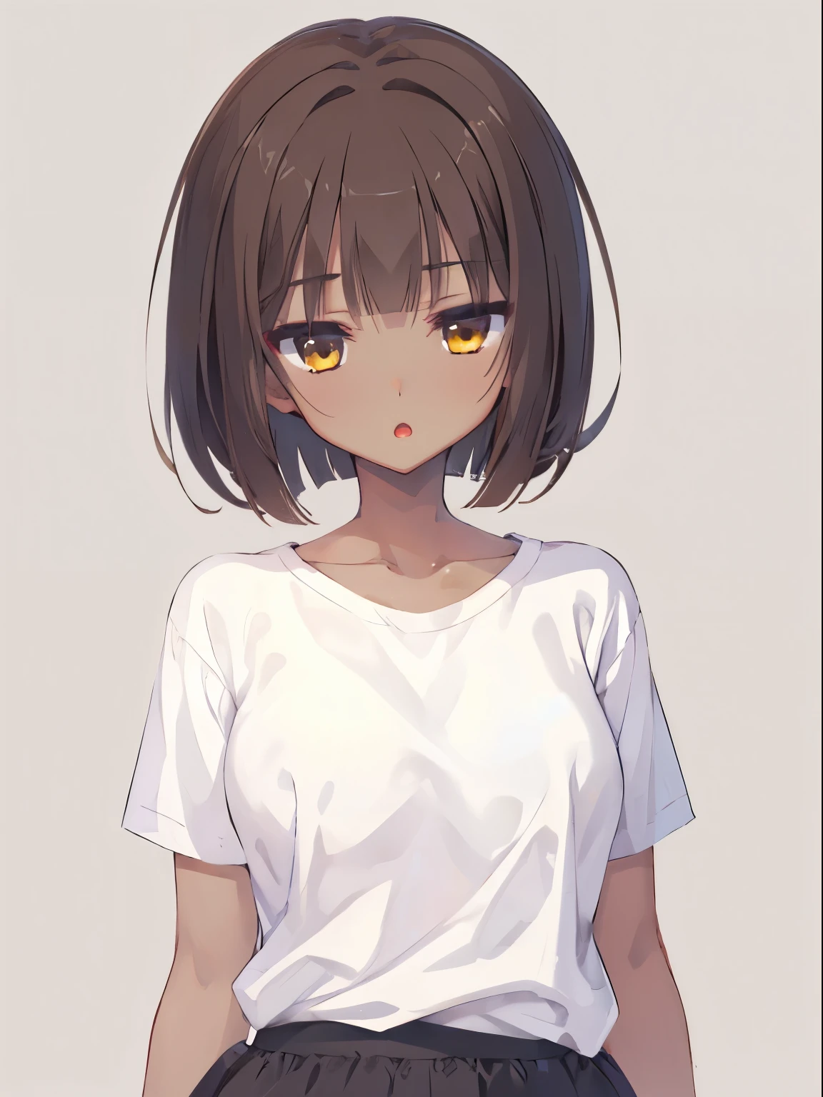 (:o), 1 girl, upper body, (facing viewer, looking viewer), standing straight, (yellow eyes, ((Jitome)), (brown hair), bob cut, short hair, medium breast), ((white t-shirt, black skirt)), collarbone, (gray background), Sharp Focus, (Best Quality, masterpiece, detailed, facial focus), (solo shot), (tanned, brown skin), waist, hip