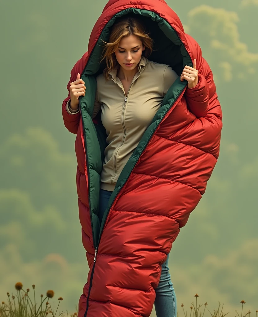 A girl lies in a red sleeping bag on the edge of the forest