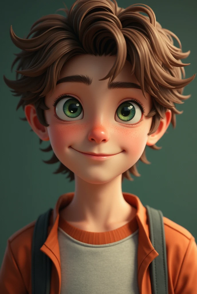 realistic white boy with brown hair and green eyes