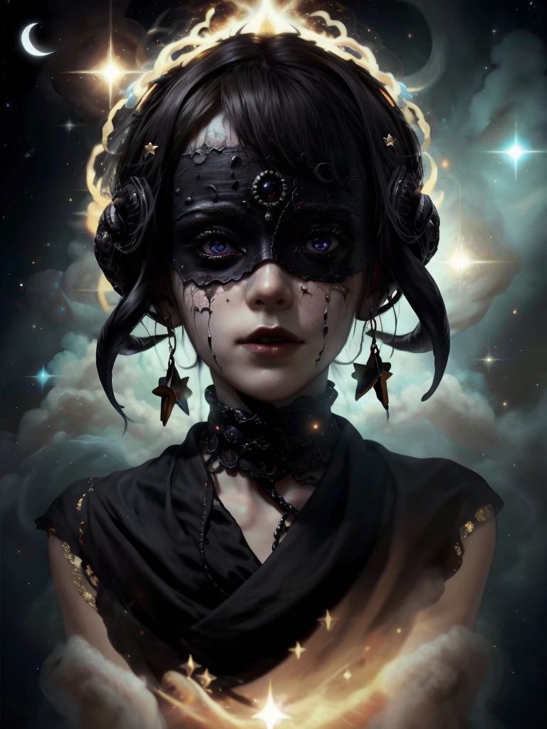 lump of darkness, a cosmic art, abstract lovecraftian artstyle, abyss a woman with stars all over her face, marc brunet, black blindfold, gilded, the void people, breathtaking stars, dressed in black, covered head, with a star - chart, wearing dark silk, vertical eyes, blindfolded, her gaze is downcast