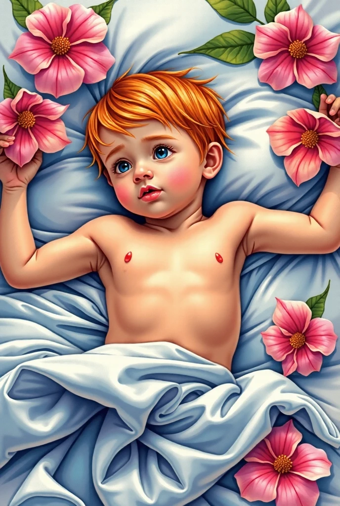 (masterpiece, best quality), 1boy，Lewdness，younge boy，'s face，Juvenile faces，sideface，Lying naked in bed，Covered in sweat，adolable，infancy，Young age，Short round face，Flat chin，Fine face in detail，naked small curvedd penis，musculous, Short bright orange hair, Sky blue eyes，opens his eyes wide, complex, full bodyesbian,nakeness，Lewdness，panteless, barefoot ,Pectoralis abdominal muscles，soft watercolor colour,(depth of fields:1.2),(abs),looking at viewert，Lie down in bed，spread their legs，Arms open，Large pink flowers，Flowers 5 point distance composition
