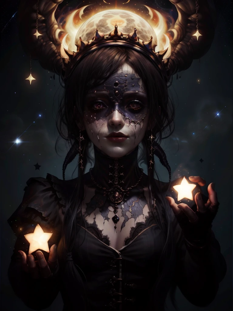 lump of darkness, a cosmic art, abstract lovecraftian artstyle, abyss a woman with stars all over her face, marc brunet, black blindfold, gilded, the void people, breathtaking stars, dressed in black, covered head, with a star - chart, wearing dark silk, vertical eyes, blindfolded, her gaze is downcast