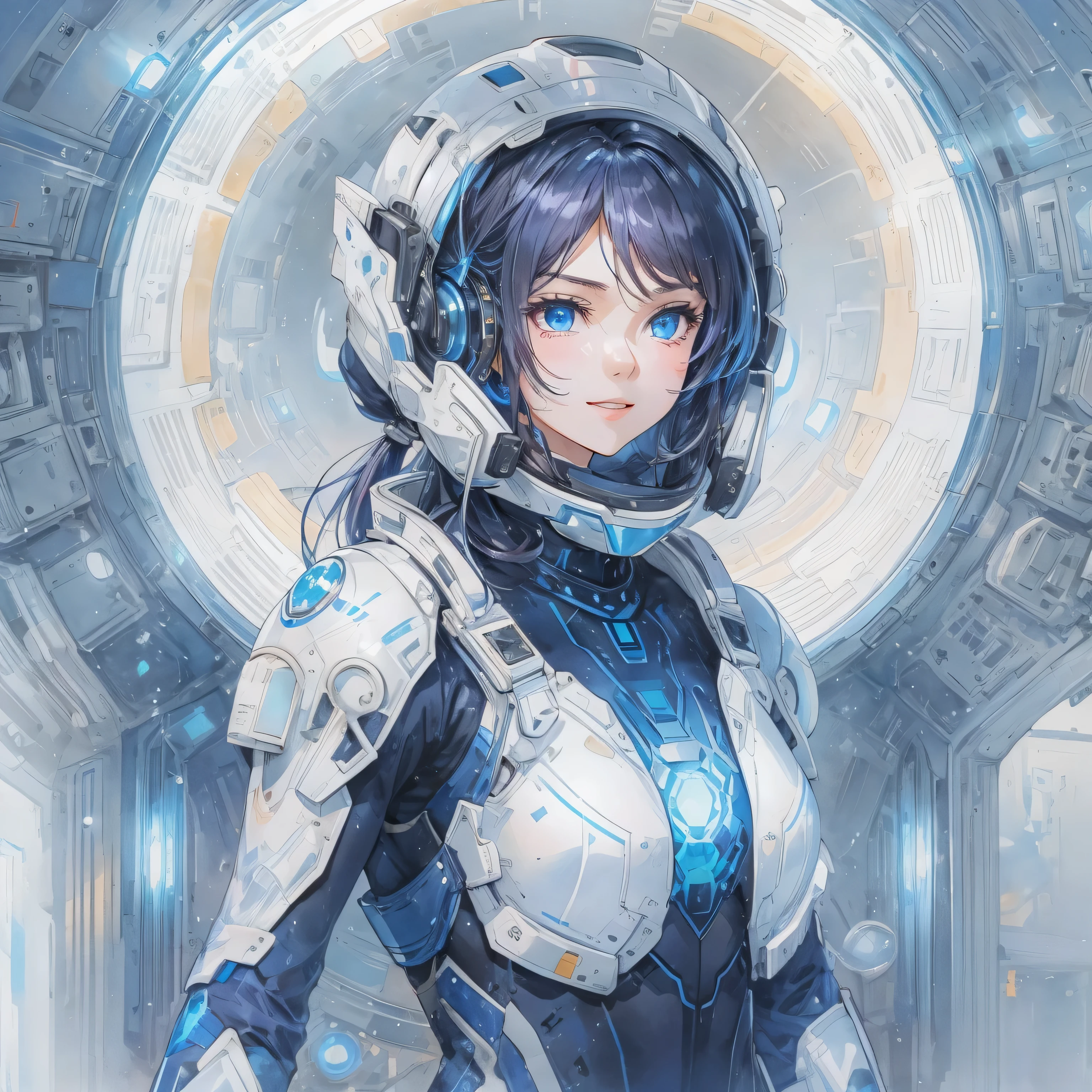 (masterpiece, highest quality, highest resolution, distinct_image, detailed details): (Solo, 1 girl, Japan face, girl with short blue hair, full body figure, small breasts, sparkling blue colored eyes, pilot suit in white and blue, black color pilot suit, tight fit clothes, clothes covering the whole body, beauty, slim body, exoskeleton, dynamic poses, headset, white and blue metal armor )