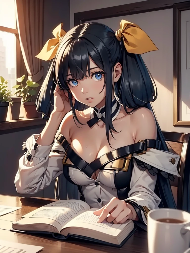 (​masterpiece、top-quality、hight resolution、Unity 8k、extremely details CG:1,Best Picture), ((black hair, Steel Blue eyes, small breasts)), yellow hair ribbon, hotel room, sweat, A woman sitting alone in a private room, holding a script or a book in her hands, looking visibly confused as she reads it. Her expression shows furrowed brows, slightly parted lips, and a subtle tilt of her head, emphasizing her struggle to understand the content. She is seated at a simple table with a chair, with a warm and neutral-toned background, creating a cozy and intimate atmosphere. The focus is on her expression and the script in her hands, capturing the moment of genuine puzzlement.