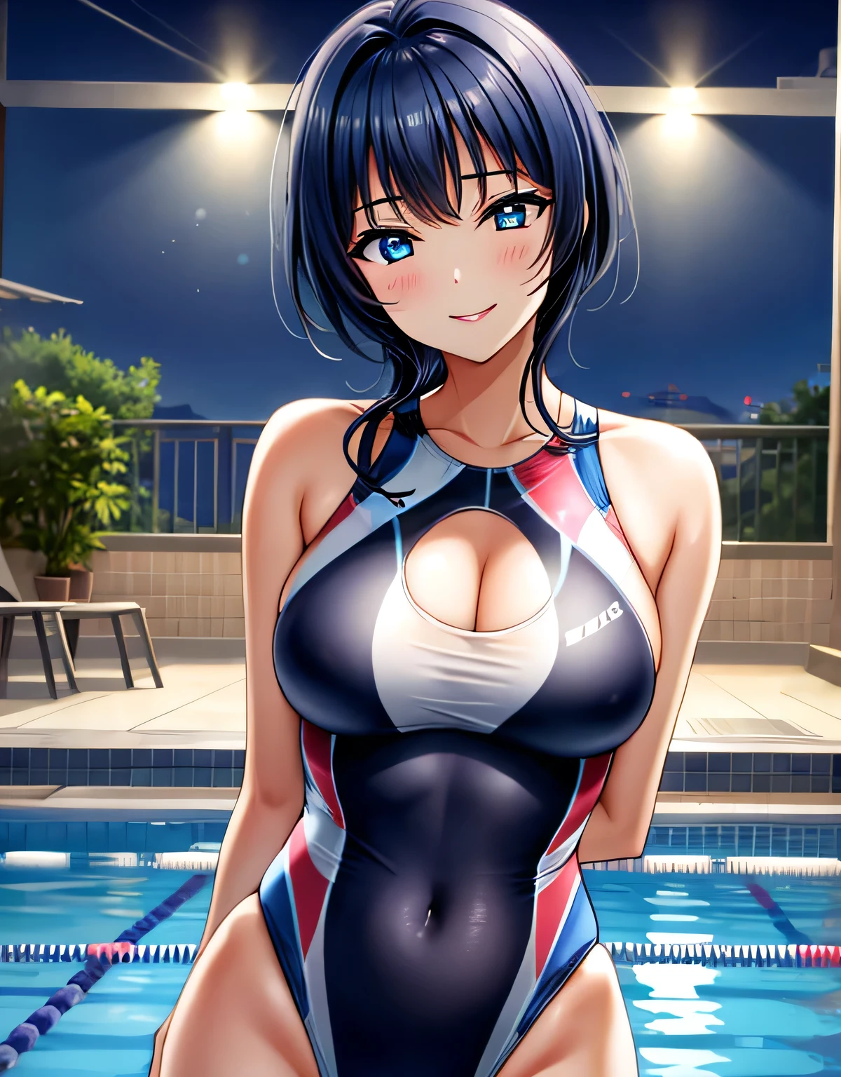 asaka karin,(large breasts:1.91),(shiny hair),((solo)),((masterpiece)),((best quality)),perfect anatomy,slim waist,perfect image,8k UHD,(beautiful detailed eyes:1.5),extremely detailed face,standing,(upper body:1.2),(look at the front:1.5),ultra-detailed,absurdres,ultra-highres,arms behind back,closed mouth,medium hair,blue eyes,blue hair,sidelocks,indoor,gorgeous indoor pool,night view from the window,smile,blush,lips,seductive,alluring,(shiny Competition swimsuit:1.15),